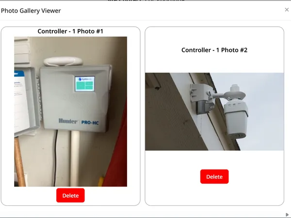 Reference photographs of a Hunter controller held against its asset record in the app, showing the model and where it is mounted.
