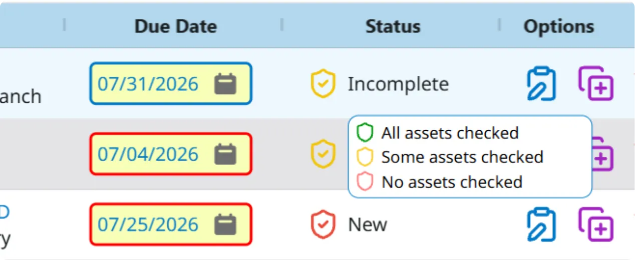 The list of completed checkups, each row carrying a Positive Assurance shield, with the legend open: green for all assets checked, yellow for some, red for none.