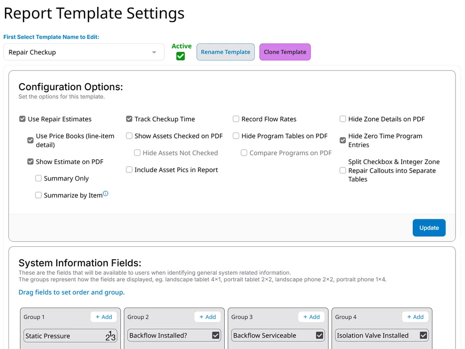Report template settings in the app: configuration options for what appears on the PDF, and the system information fields grouped for the technician.