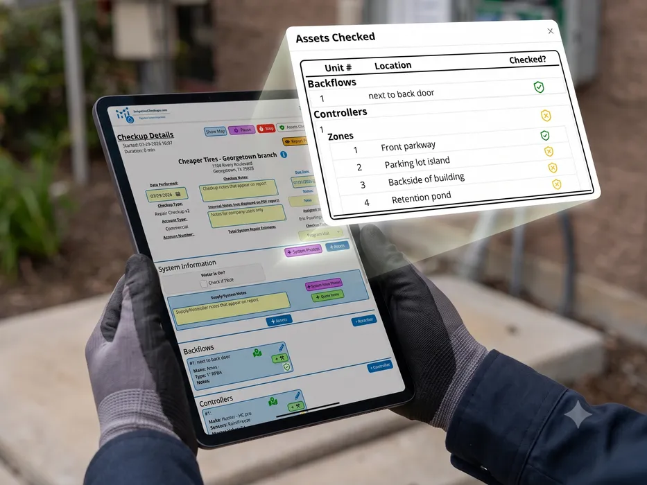 A checkup open in the app with a color-coded Positive Assurance shield beside each asset: green where every item was checked, yellow where only some were.