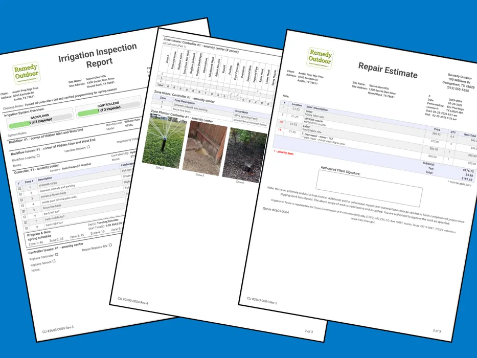 A finished checkup report carrying the contractor's own branding, showing the property details, the findings, and photographs of the repairs being quoted.