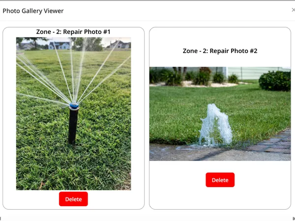 Two zone repair photographs open in the app's gallery viewer, labelled Zone 2 — a sprinkler running, and water pooling at a break.